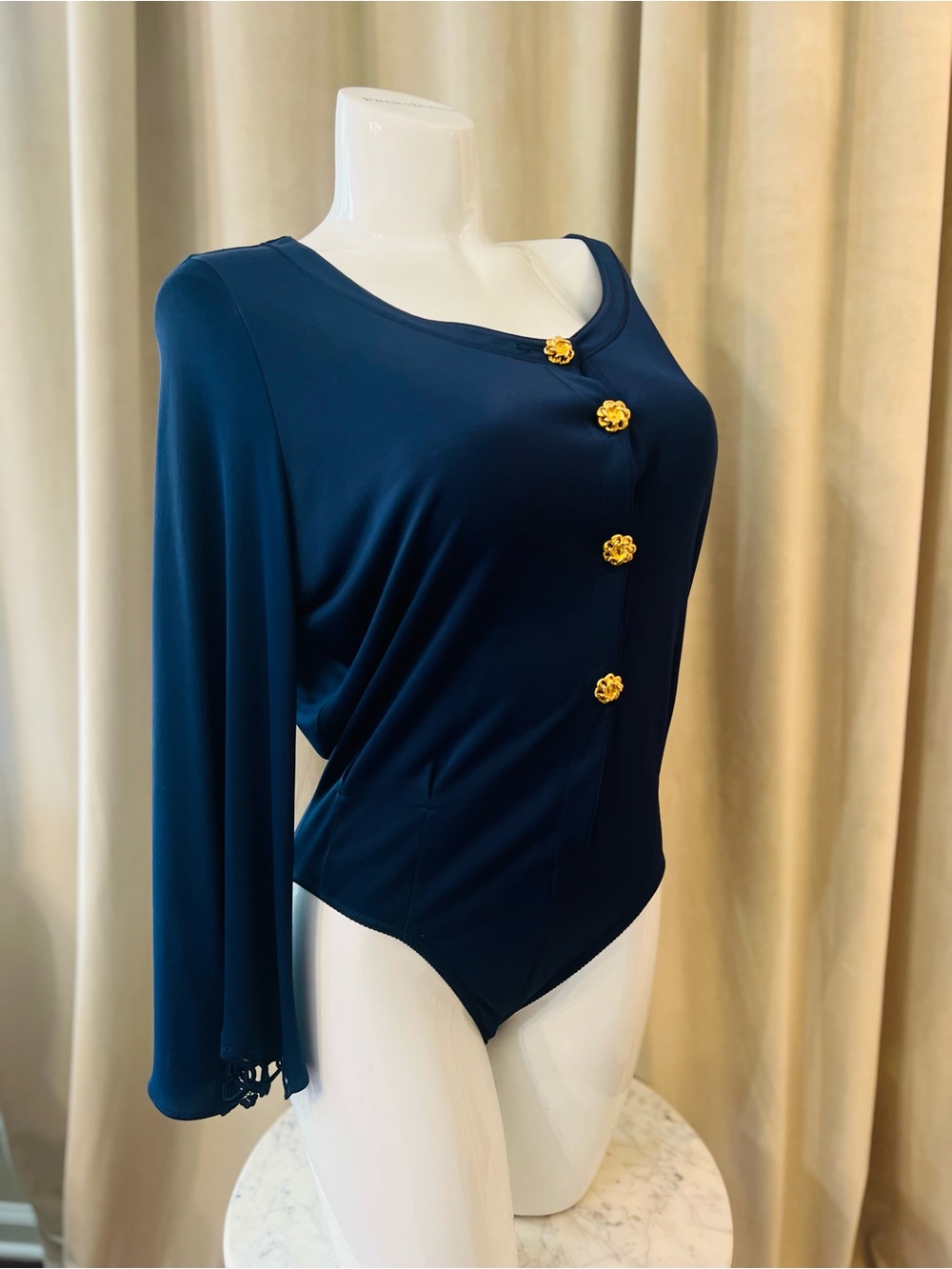 NWT Vintage La Perla Navy Blue Long Sleeve Bodysuit with Gold Buttons